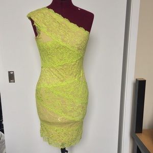 Lime green, one shoulder, BeBe laced dressed
